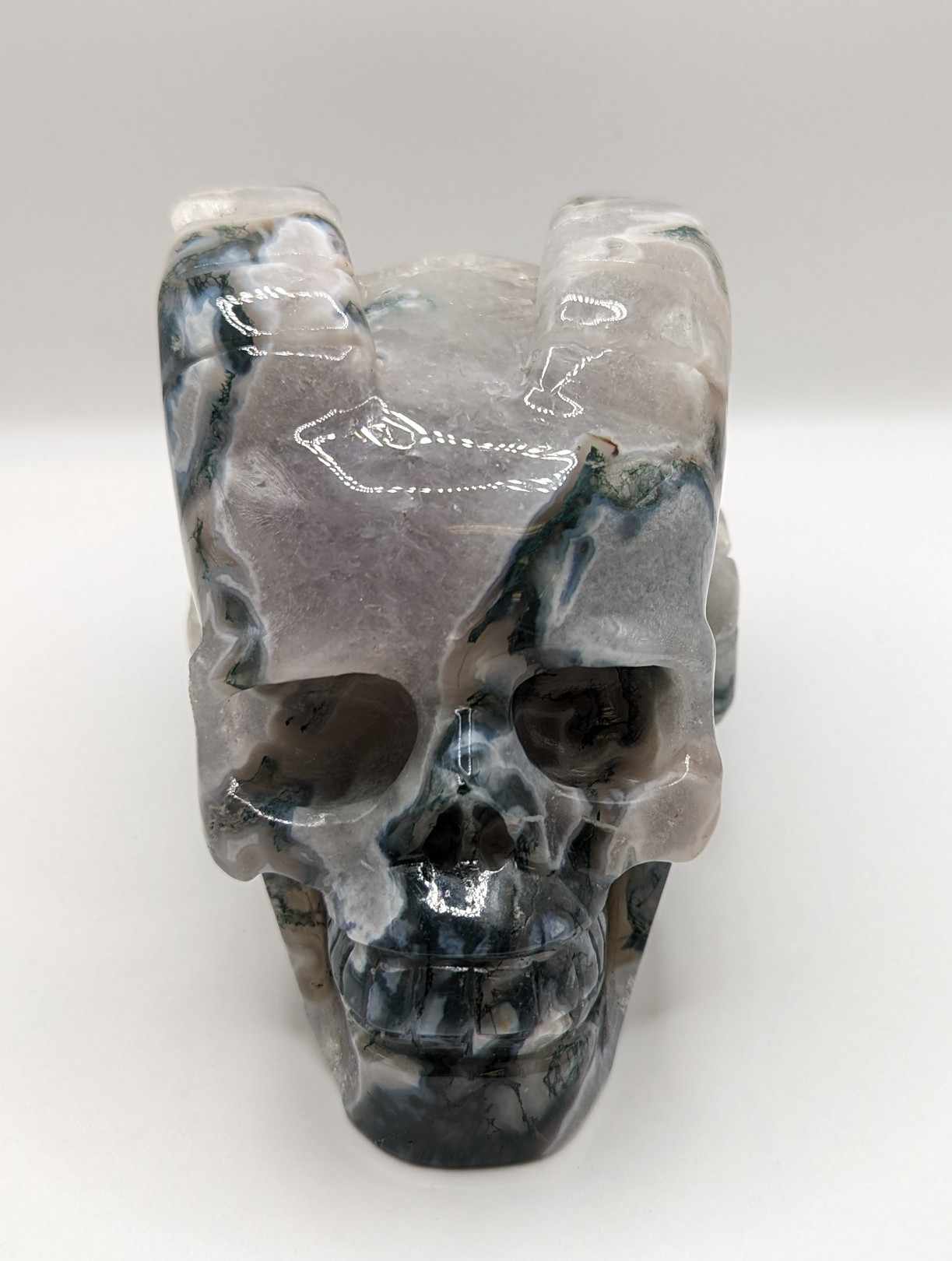 Large Moss Agate Ram Skull